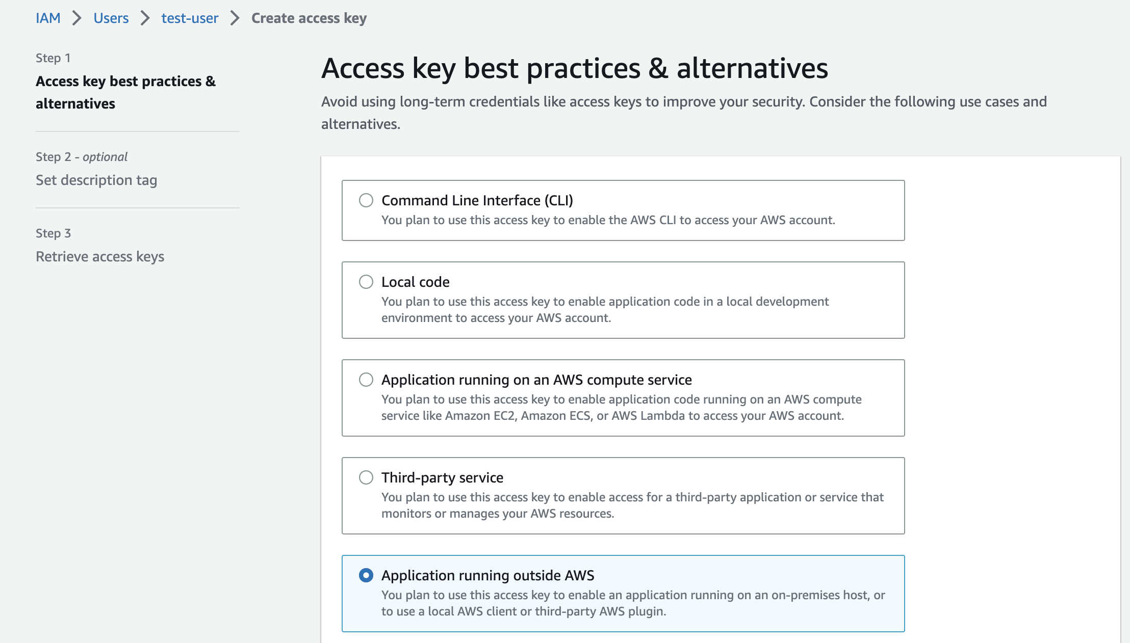 Chọn Application running outside AWS