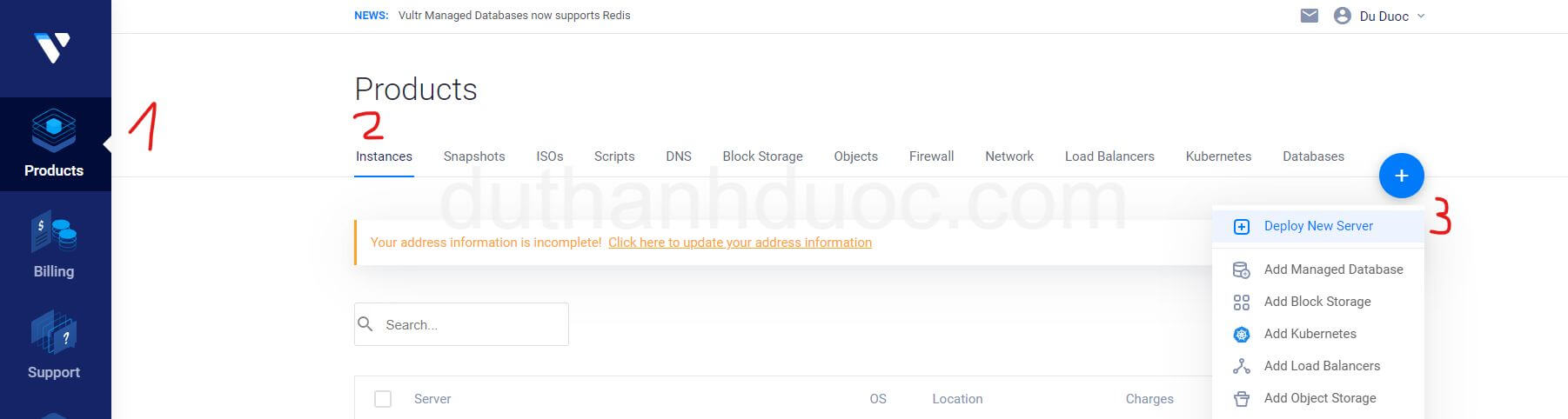 Tạo mới instance vultr